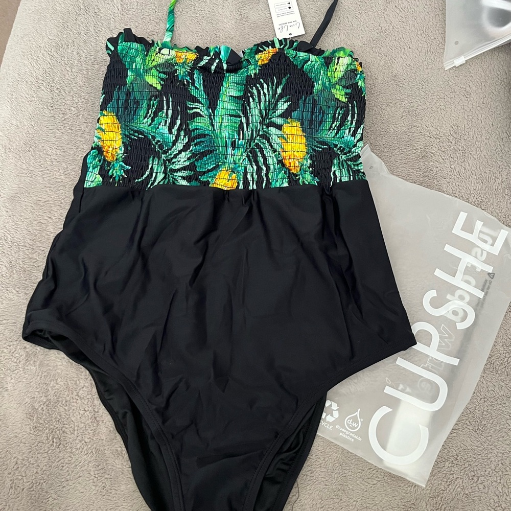Cupshe One Piece Black with Green and Yellow Tropical Print
